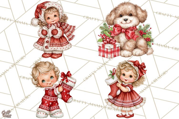 Vintage 1950s Christmas Clipart, Retro Santa Characters PNG example image 1