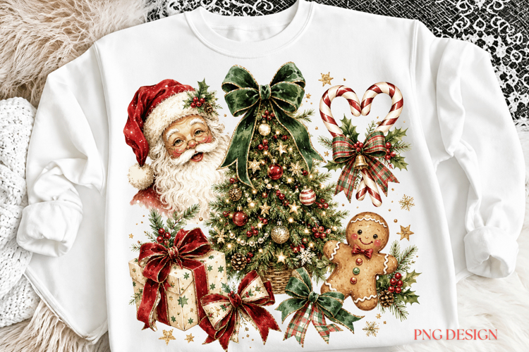 Vintage Santa Christmas PNG, Christmas Tree Sublimation,