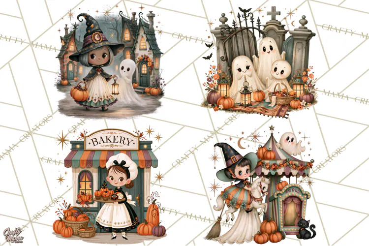 Vintage Halloween Scenes PNG, Halloween Magic Clipart