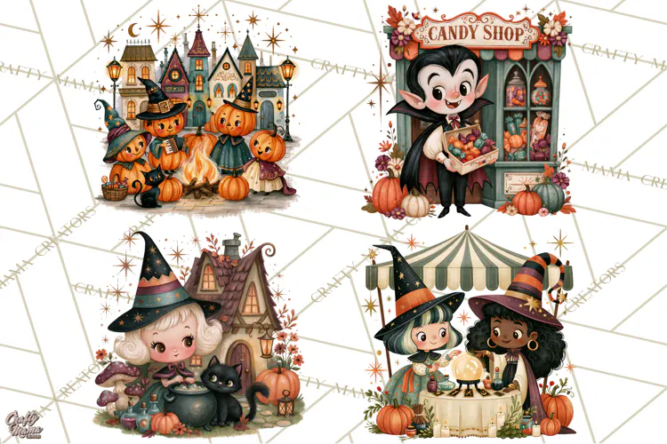 Vintage Halloween Scenes PNG, Halloween Magic Clipart