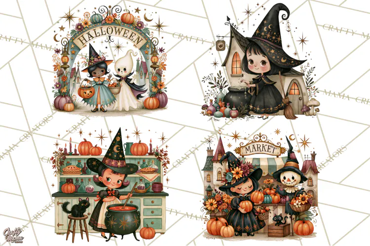 Vintage Halloween Scenes PNG, Halloween Magic Clipart