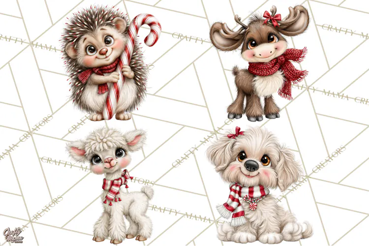 Peppermint Pals Christmas Animal Clipart PNG, Cute Candy