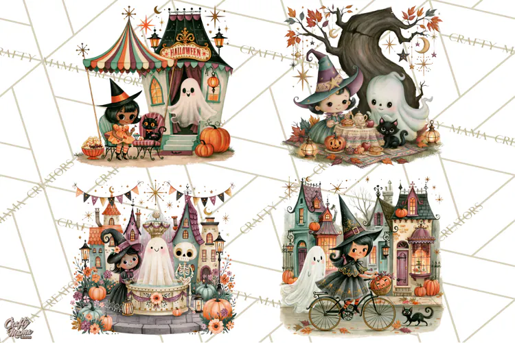 Vintage Halloween Scenes PNG, Halloween Magic Clipart