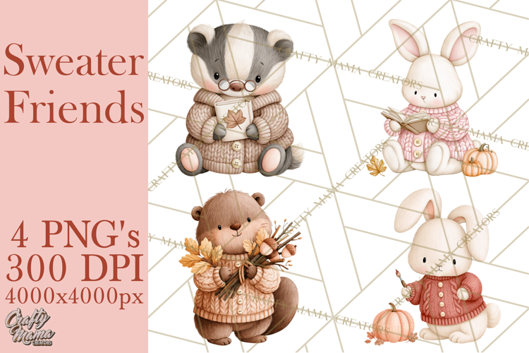 Cozy Fall Animals Clipart PNG, Fall Sweater Friends