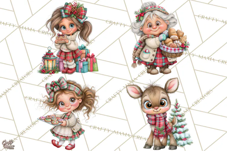 Tartan Christmas Village Clipart, Christmas Girl PNG, Plaid