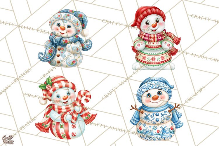 Patterned Snowman Christmas Clipart PNG example image 1
