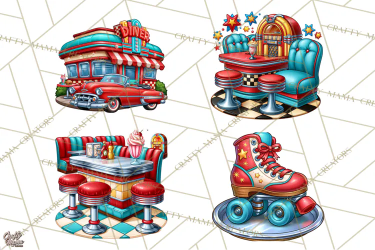 Retro Diner Clipart PNG 1950s Vintage Food Jukebox