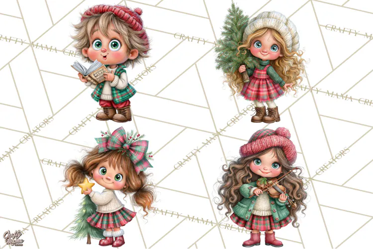 Tartan Christmas Village Clipart, Christmas Girl PNG, Plaid