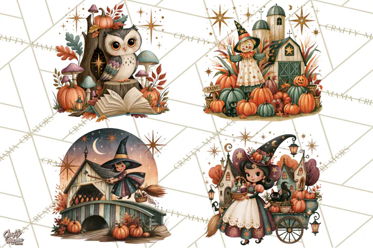 Vintage Halloween Scenes PNG, Halloween Magic Clipart