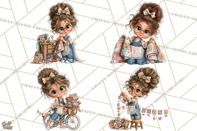 Patchwork Village Clipart PNG, Quilting Seamstress Quilt