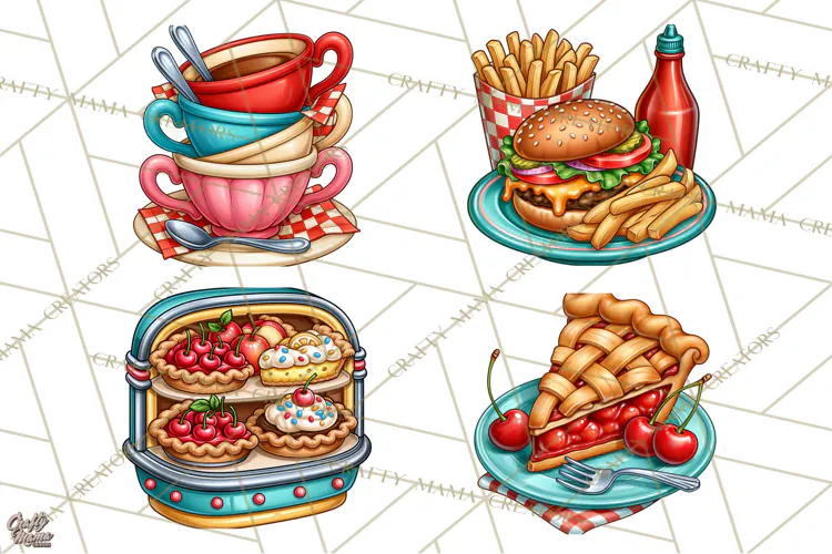 Retro Diner Clipart PNG 1950s Vintage Food Jukebox