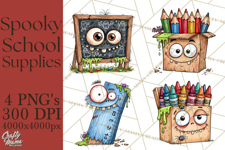 Creepy School Supplies Clipart PNG, Teacher Holiday Decor