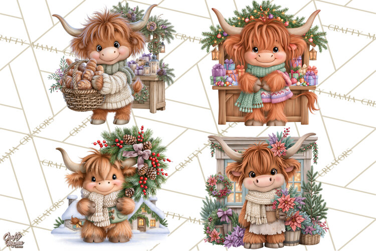 Highland Cow Christmas Village Clipart, Christmas Cow PNG example image 1