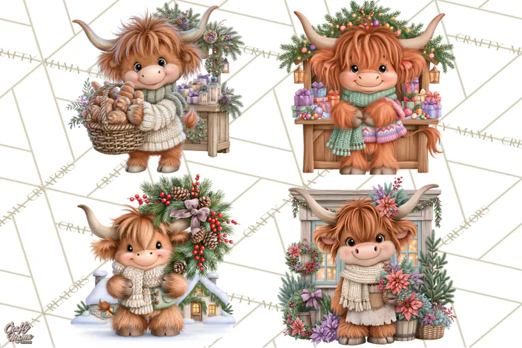 Highland Cow Christmas Village Clipart, Christmas Cow PNG