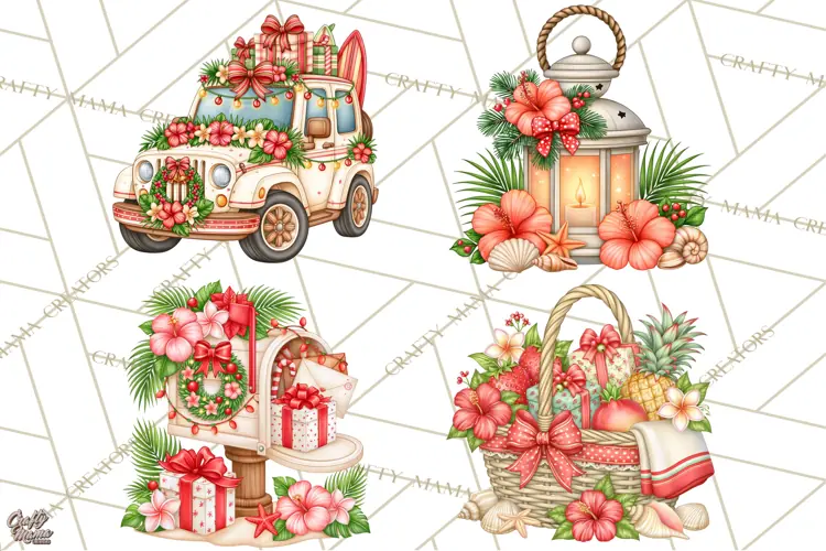 Tropical Christmas Beach Clipart PNG, Christmas Beach Decor