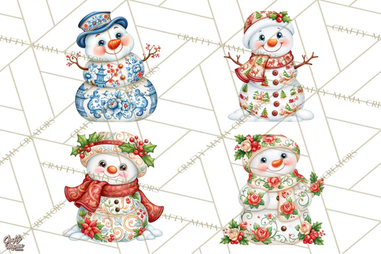 Patterned Snowman Christmas Clipart PNG
