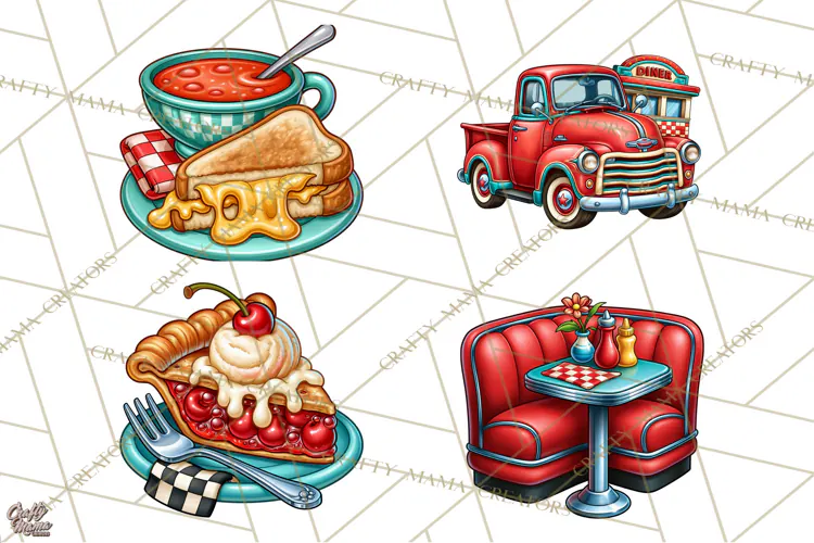 Retro Diner Clipart PNG 1950s Vintage Food Jukebox