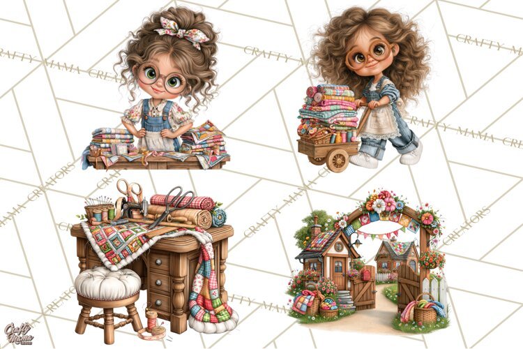 Patchwork Village Clipart PNG, Quilting Seamstress Quilt example image 1