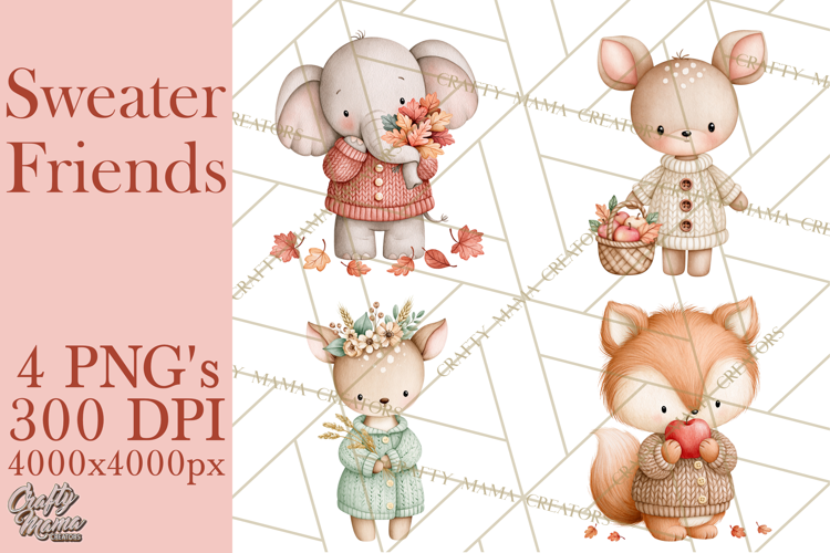 Cozy Fall Animals Clipart PNG, Fall Sweater Friends