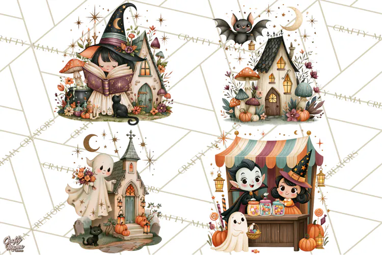 Vintage Halloween Scenes PNG, Halloween Magic Clipart