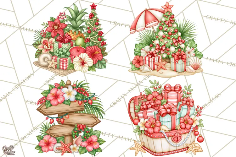 Tropical Christmas Beach Clipart PNG, Christmas Beach Decor