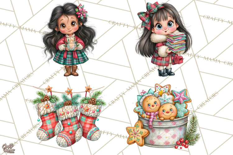 Tartan Christmas Village Clipart, Christmas Girl PNG, Plaid