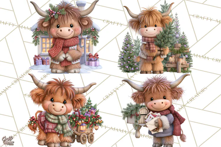 Highland Cow Christmas Village Clipart, Christmas Cow PNG