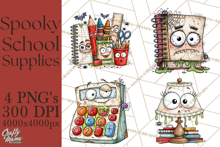 Creepy School Supplies Clipart PNG, Teacher Holiday Decor
