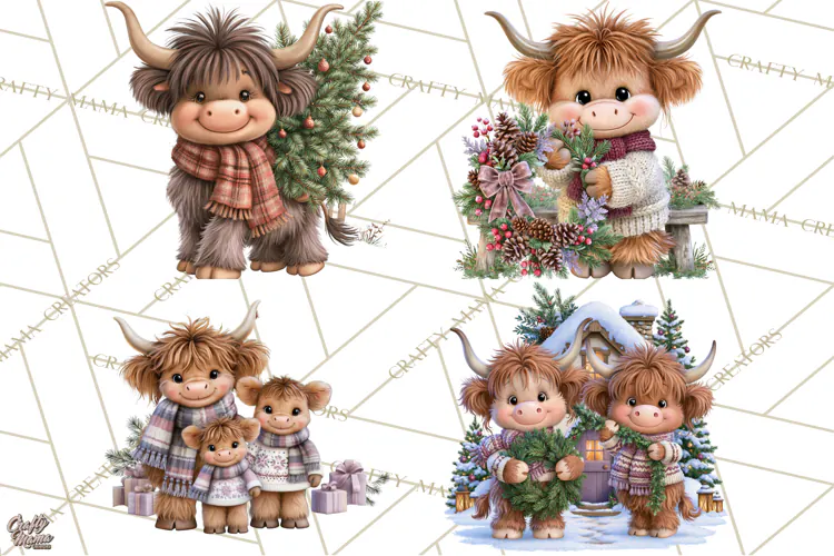 Highland Cow Christmas Village Clipart, Christmas Cow PNG