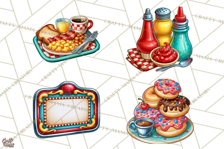 Retro Diner Clipart PNG 1950s Vintage Food Jukebox