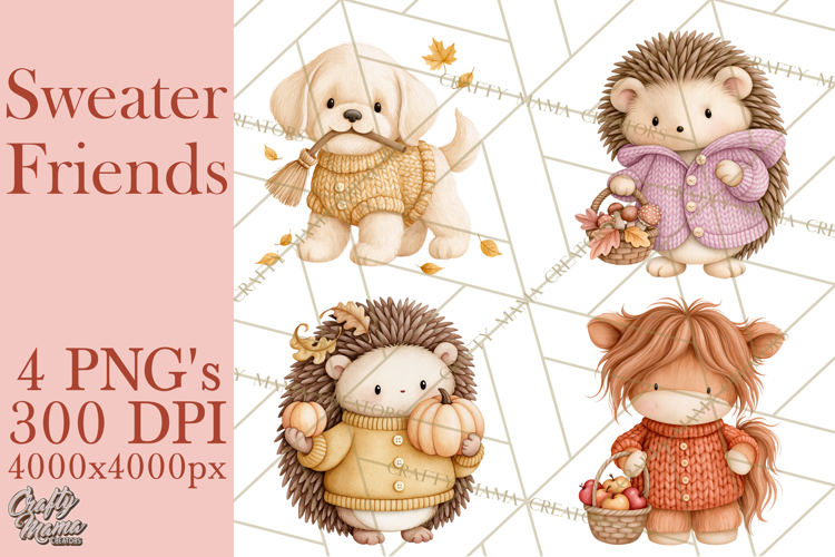Cozy Fall Animals Clipart PNG, Fall Sweater Friends