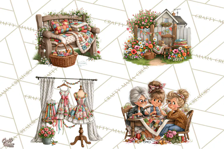 Patchwork Village Clipart PNG, Quilting Seamstress Quilt