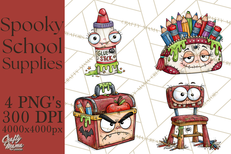 Creepy School Supplies Clipart PNG, Teacher Holiday Decor