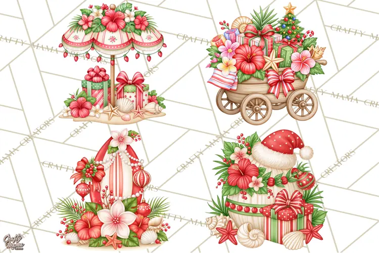 Tropical Christmas Beach Clipart PNG, Christmas Beach Decor