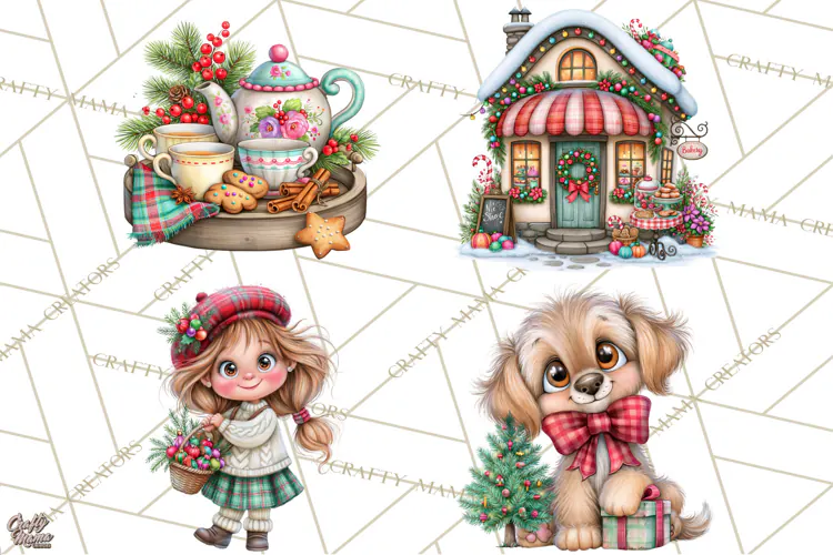 Tartan Christmas Village Clipart, Christmas Girl PNG, Plaid