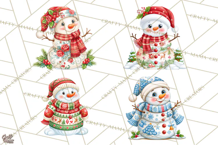 Patterned Snowman Christmas Clipart PNG