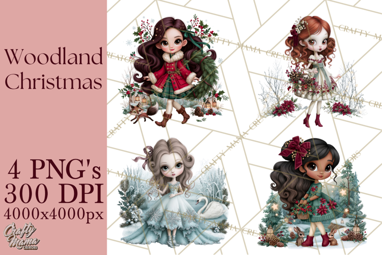 Christmas Woodland Girls PNG Clipart, Holiday Characters