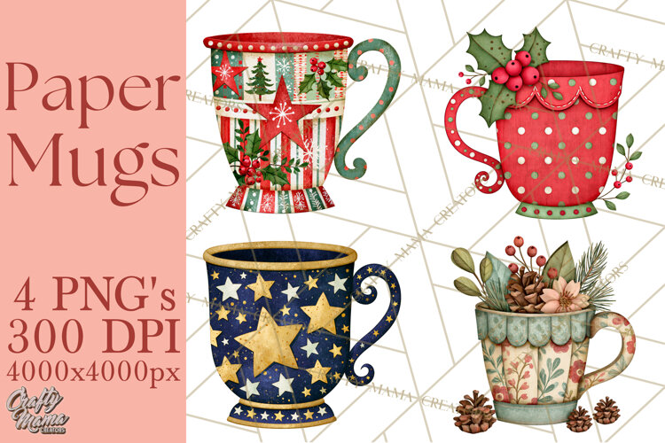 Patterned Christmas Coffee Mug Clipart PNG, Cozy Drinks example image 1