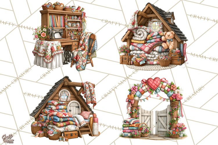 Patchwork Village Clipart PNG, Quilting Seamstress Quilt example image 1