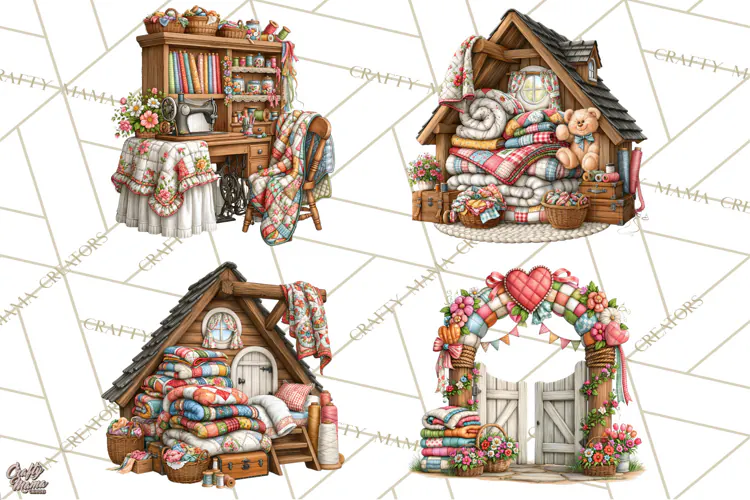 Patchwork Village Clipart PNG, Quilting Seamstress Quilt