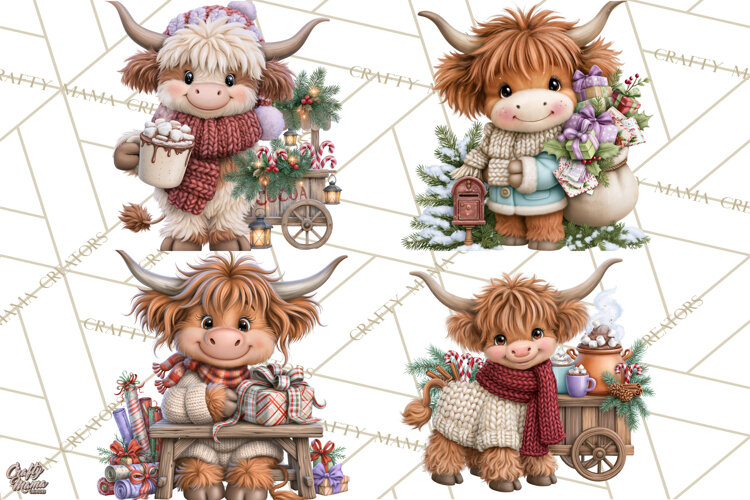 Highland Cow Christmas Village Clipart, Christmas Cow PNG example image 1