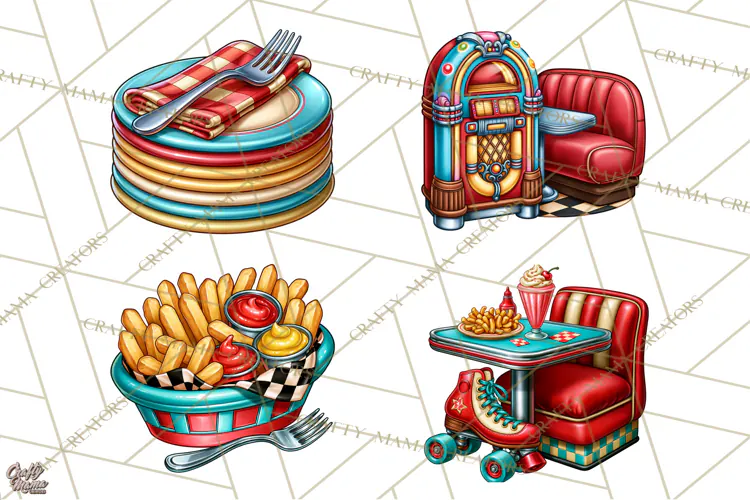 Retro Diner Clipart PNG 1950s Vintage Food Jukebox