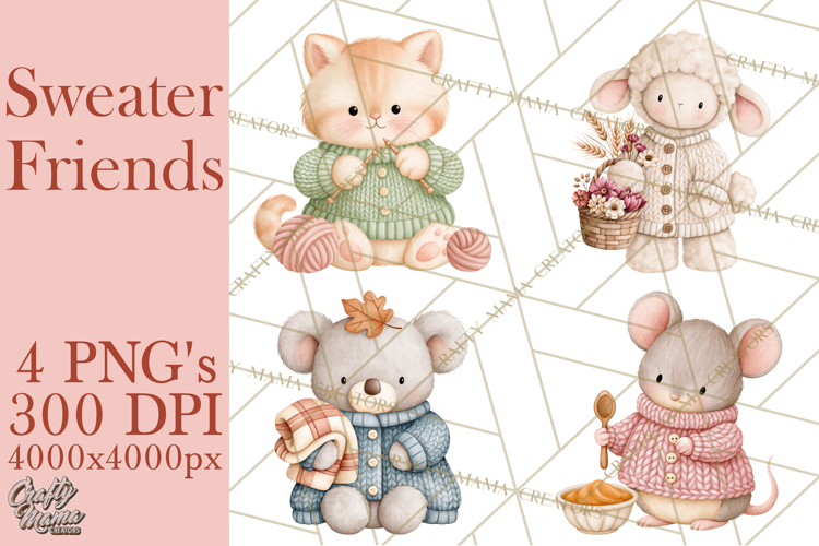 Cozy Fall Animals Clipart PNG, Fall Sweater Friends