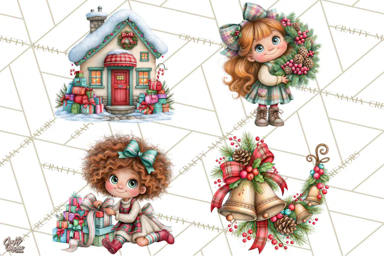 Tartan Christmas Village Clipart, Christmas Girl PNG, Plaid