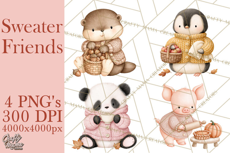 Cozy Fall Animals Clipart PNG, Fall Sweater Friends example image 1