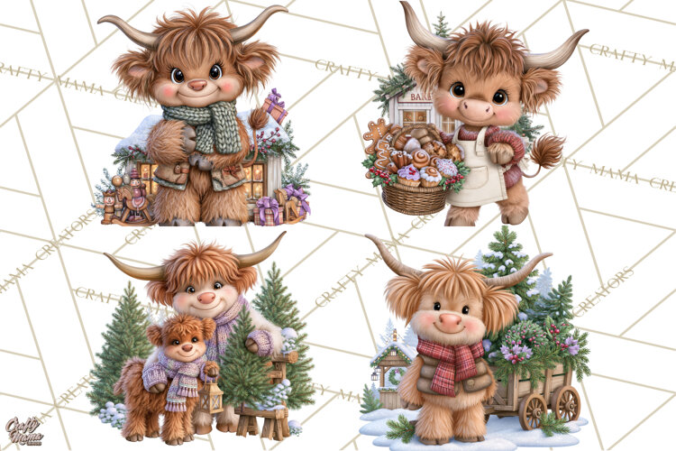 Highland Cow Christmas Village Clipart, Christmas Cow PNG example image 1