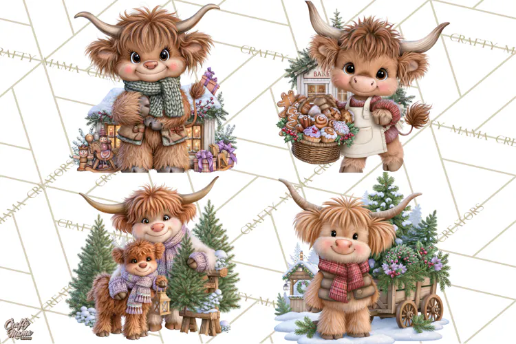 Highland Cow Christmas Village Clipart, Christmas Cow PNG