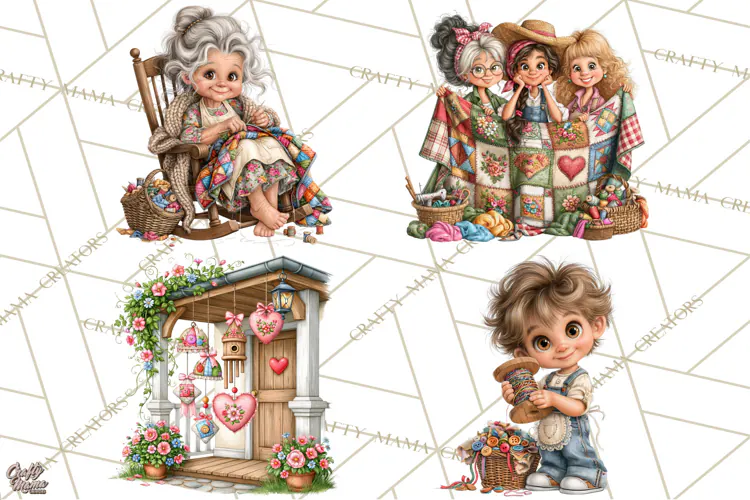 Patchwork Village Clipart PNG, Quilting Seamstress Quilt
