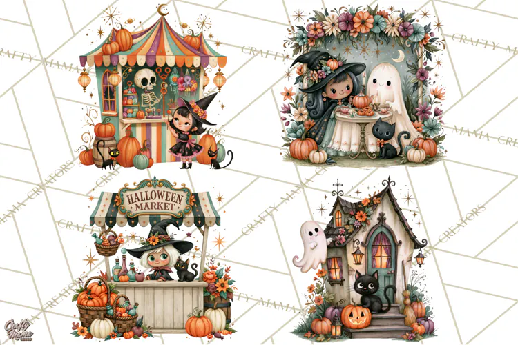 Vintage Halloween Scenes PNG, Halloween Magic Clipart