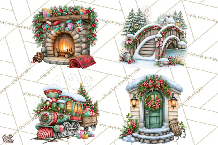 Tartan Christmas Village Clipart, Christmas Girl PNG, Plaid